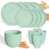 16pcs Unbreakable Wheat Straw Dinnerware Sets, Lightweight Plates Cups And Bowls Sets, Dishwasher Microwave Safe, For RV Outdoor Camping