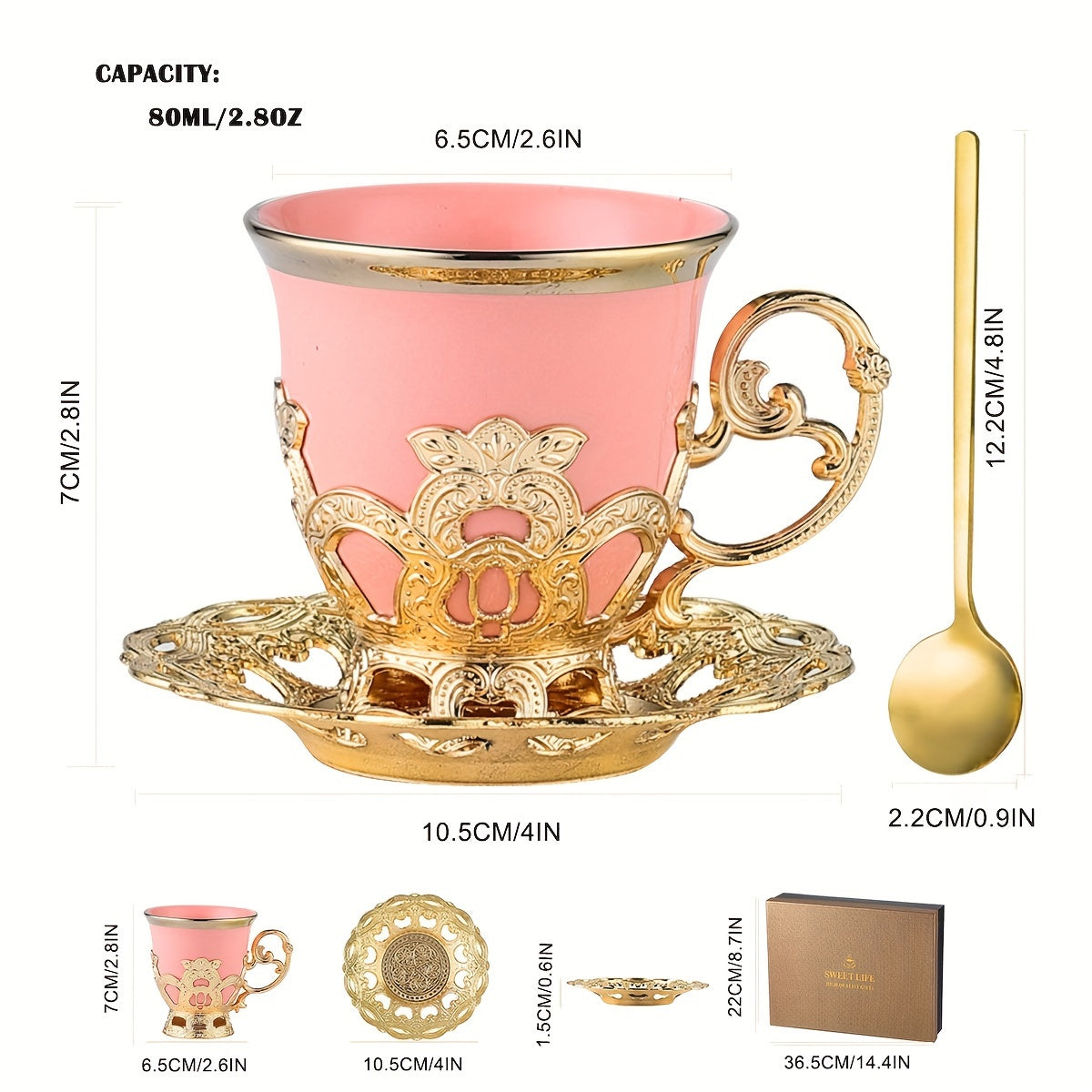 Sakura Train Set, Turkish Arabic Coffee Cups And Saucers, Espresso Cups With Saucer Plates And Spoons, Ceramic Tea Sets With Gift Box, 2.8 OZ (Golden)