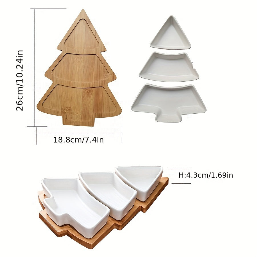 1set, Ceramic Breakfast Tray, Christmas Tree Shaped Plates Chip & Dip Set, Christmas Ceramic Snack Plate With Bamboo Tray, Removable Porcelain Tree Appetizer Dessert Fruit Salad Saucers Bowl, Cutlery Platter Serving Dish