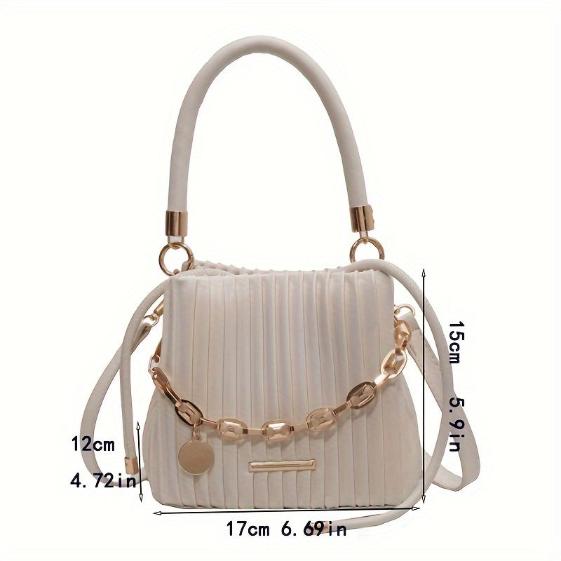Elegant White Pleated Bucket Bag for Women – Chic Summer Crossbody Shoulder Handbag with Golden-Tone Hardware & Braided Handle, Versatile All-Match Design, Ladies Handbags