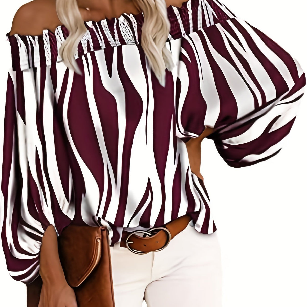 Chic Off Shoulder Striped Blouse - Fashionable Lantern Sleeves - Ultra-Comfortable Womens Casual Top