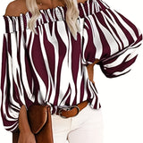 Chic Off Shoulder Striped Blouse - Fashionable Lantern Sleeves - Ultra-Comfortable Womens Casual Top