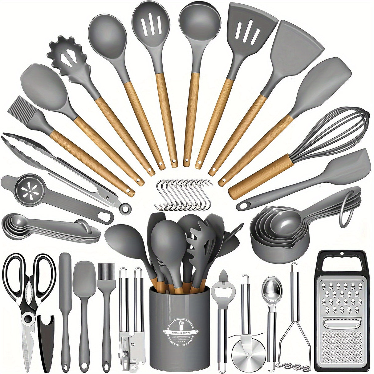 44pcs Non-Stick Silicone Kitchen Utensil Set with Wooden Handles, Includes Stainless Steel Grater & Bottle Opener