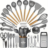 44pcs Non-Stick Silicone Kitchen Utensil Set with Wooden Handles, Includes Stainless Steel Grater & Bottle Opener