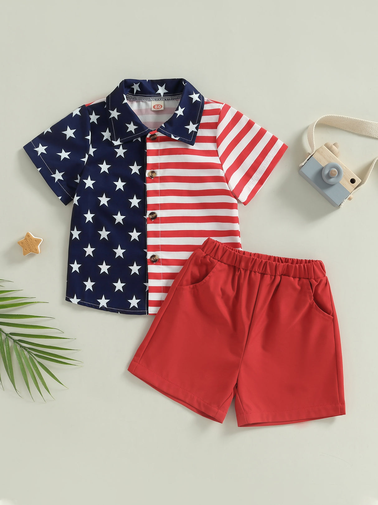 Toddler Boys Summer Short Sleeve Outfits 2pcs 4th of July Red Clothes, Stars and Stripes Print Shirt + Shorts Set for Casual Streetwear, for Outdoor