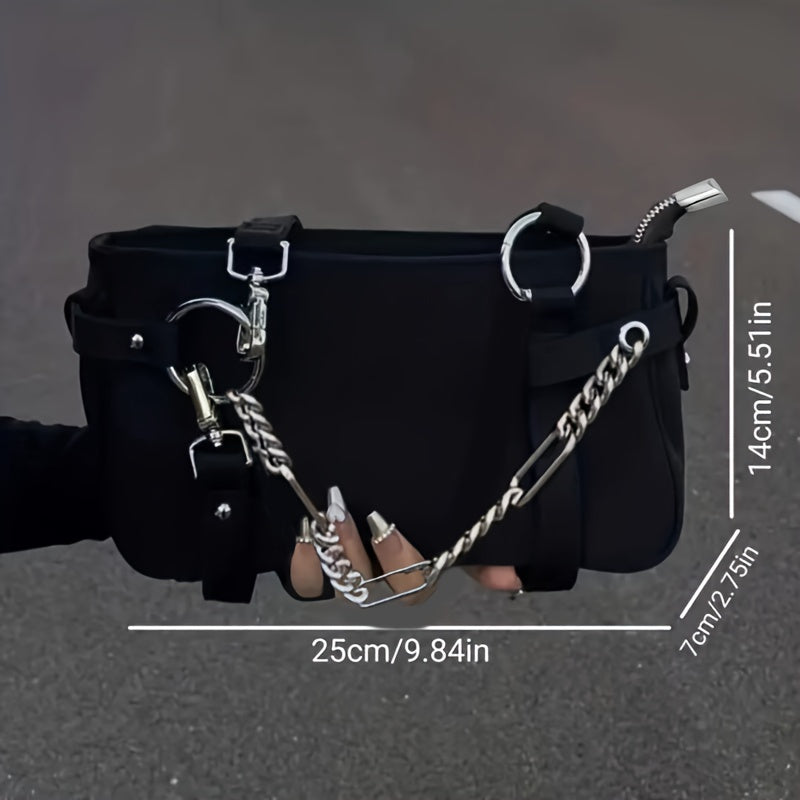 Black Solid Color Trendy Shoulder Bag, Chain Decor Versatile Underarm Bag, Zipper Nylon Stylish Handbag Tote Bag
