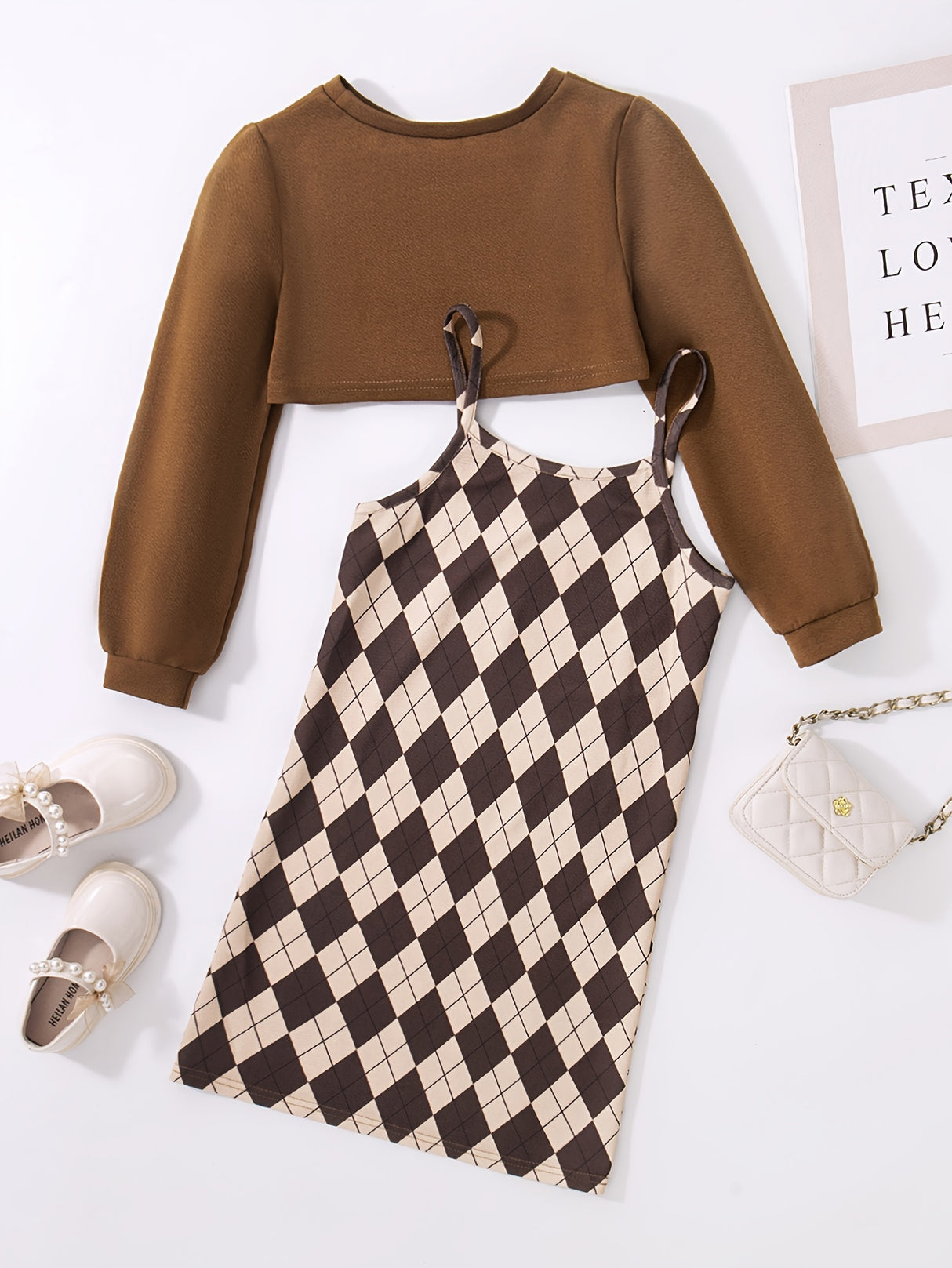 Trendy Girl's 2pcs, Plaid Pattern Sundress & Crop Sweatshirt Set, Casual Outfits, Kids Clothes For Spring Autumn