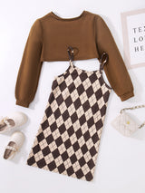 Trendy Girl's 2pcs, Plaid Pattern Sundress & Crop Sweatshirt Set, Casual Outfits, Kids Clothes For Spring Autumn