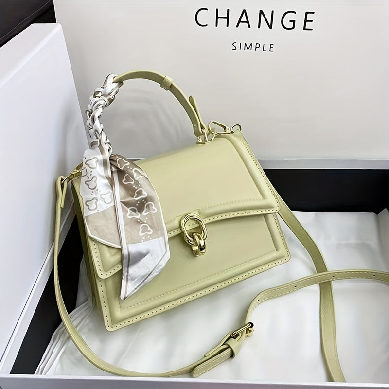 Embossed Square Handbag, Trendy Scarf Decor Crossbody Bag, Women's Small PU Leather Flap Purse