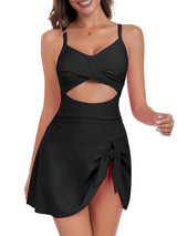 1pc Elegant One-Piece Swimsuit for Women, High Stretch Polyamide Knit Fabric, Solid Color with Hollow Cross Strap Detail and Skirt Style