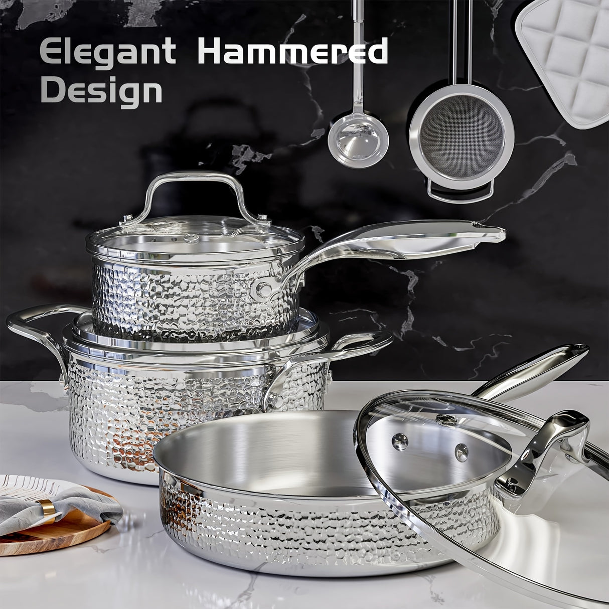 Wodillo 6pcs Hammered Cookware Set, Stainless Steel Pots And Pans Set With Tempered Glass Lids, Kitchen Induction Cooking Pot And Pan Set Compatible With All Cooktops, Oven & Dishwasher Safe