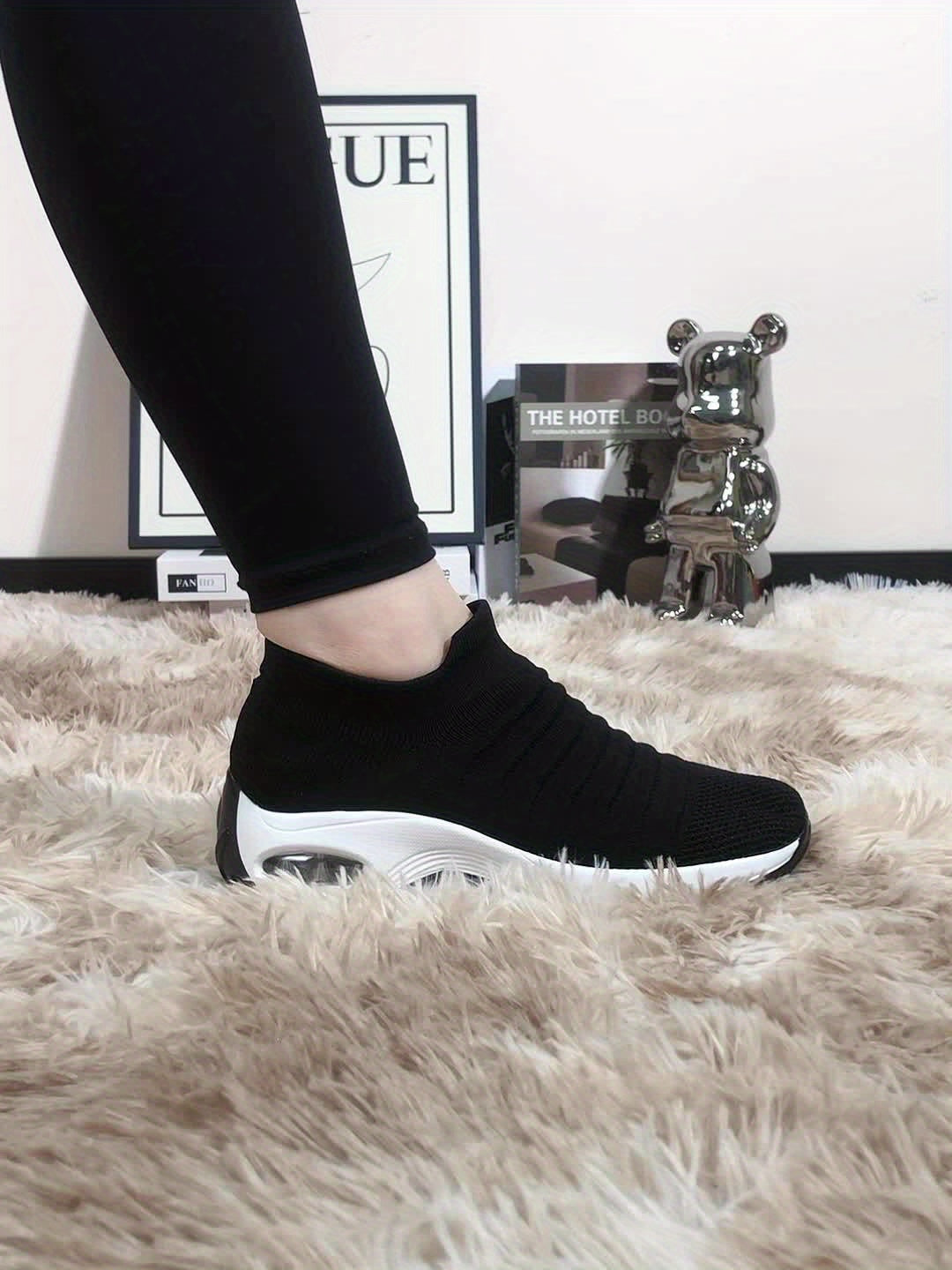 SOSENFER Women's 2089 Breathable Knit Running Shoes - Low-Top Slip-On Design, All-Season Comfort with PU Cushioned Sole for Gym, Jogging & Casual Wear (Black/White)