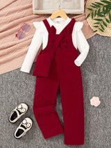 3PCS Flutter Trim Long Sleeve Top + Embroidery Jumpsuit Romper + Bag Set Kids Clothes For Girls Spring Fall Gift