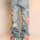 High Street Hip-hop Flared Jeans For Men And Women Summer Street Design LaceSplicing Mopping Pants