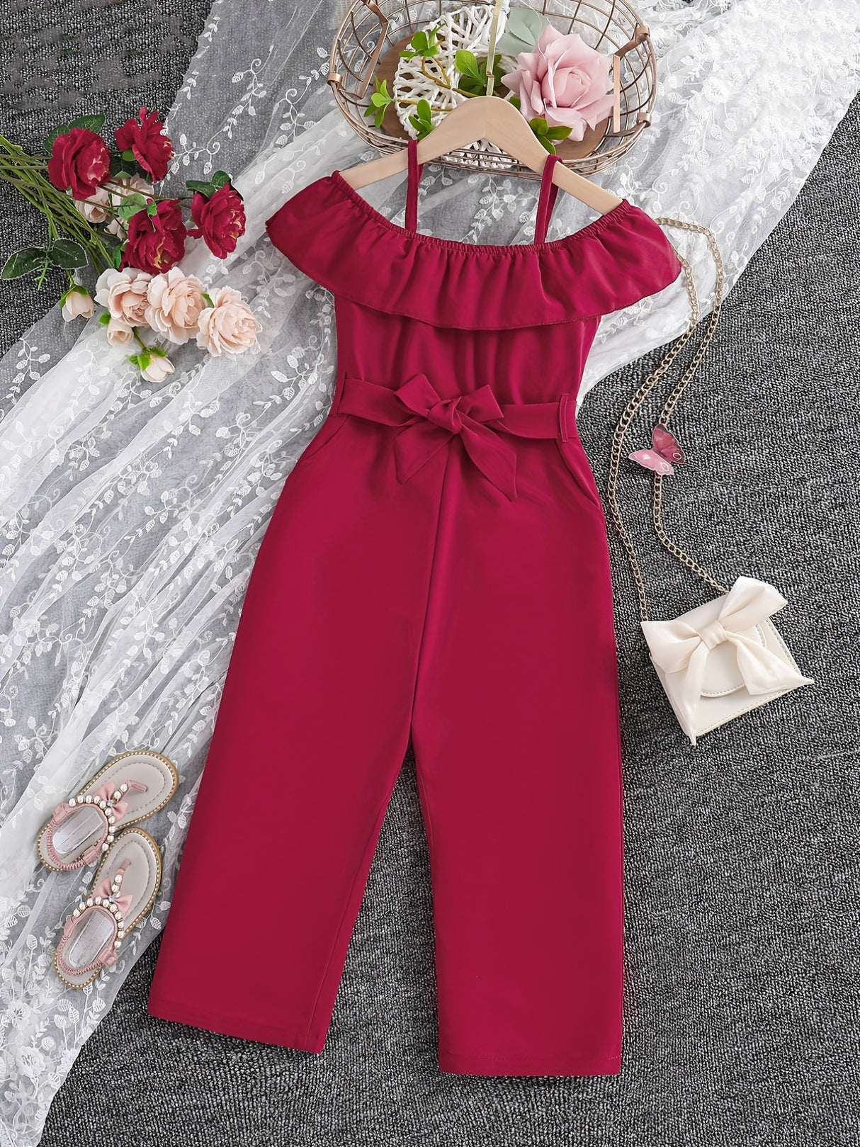 Girls Ruffle Cami Romper Belt Off Shoulder Elegant Summer Spring Autumn Kids Clothes
