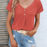 Womens Charming Solid Button Front Blouse - Casual V Neck, Short Sleeve, Perfect for Spring & Summer - Lightweight, Versatile, Ideal Everyday Style - Suitable for Multiple Occasions