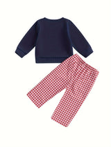 Toddler Boys Christmas Outfits Santa/Truck Embroidery Long Sleeve Sweatshirts and Plaid Long Pants 2Pcs Clothes Set