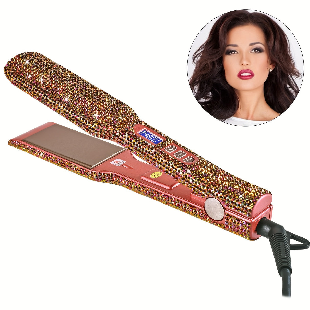 Hair Straightener, Crystal Rhinestone Decor Professional Hair Straightener Flat Iron, 1.7 Inch Titanium Flat Iron Straightening Iron, High Heat 480 °F, Bling Titanium Hair Flat Iron