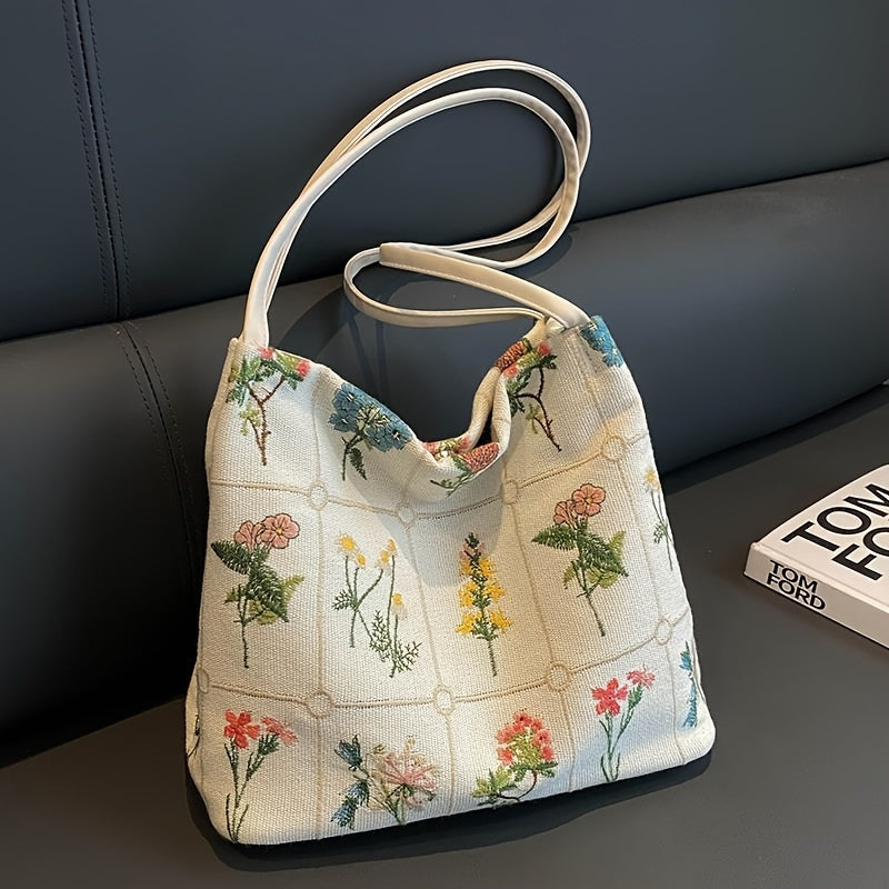 Embroidered Print Tote Bag, Stylish Collapsible Shoulder Bag, Perfect Crossbody Bag For Daily Use
