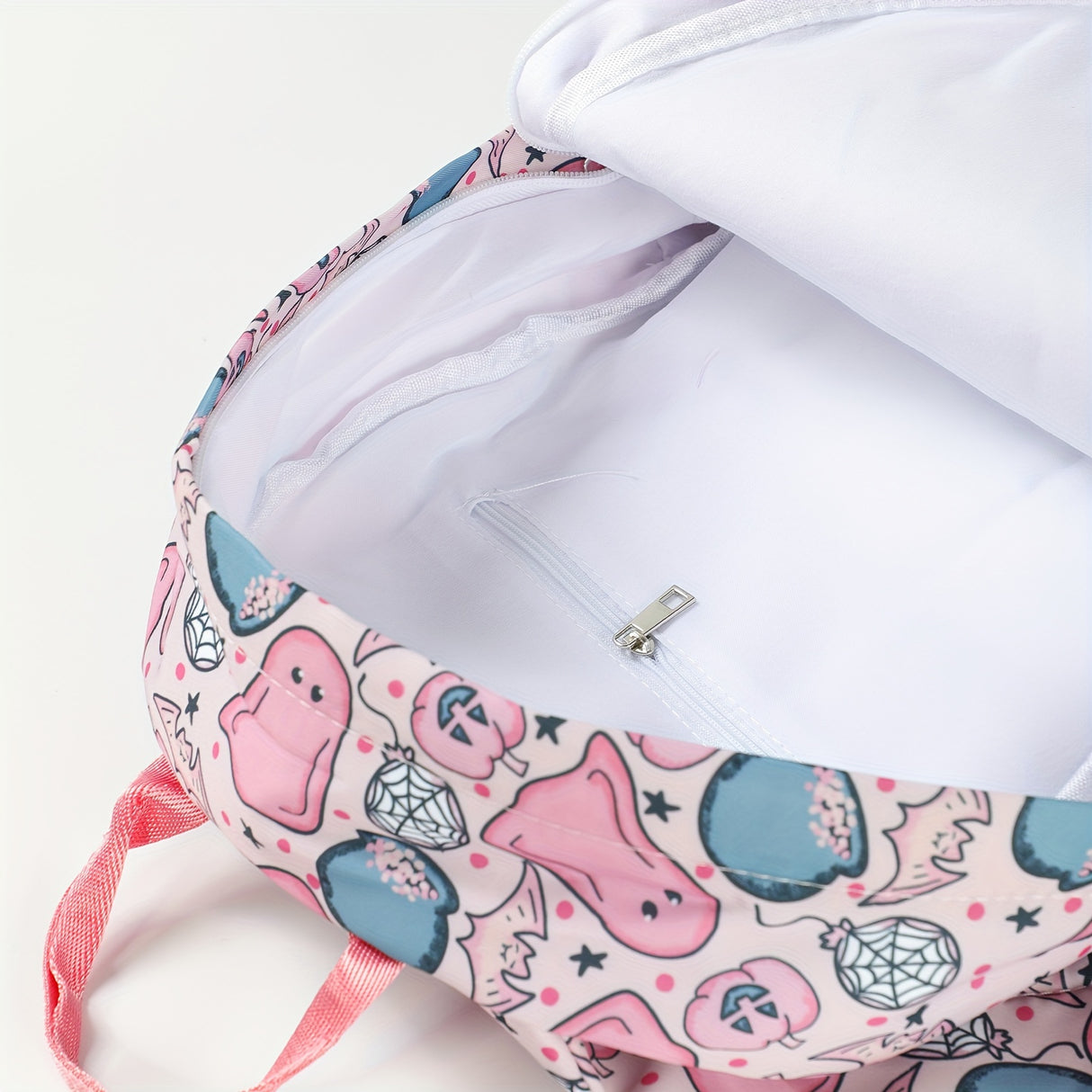 Halloween Charm Backpack - Cute Ghost & Skull Pumpkin Print, Lightweight Large Capacity School Bag with Adjustable Straps and Lace Detail