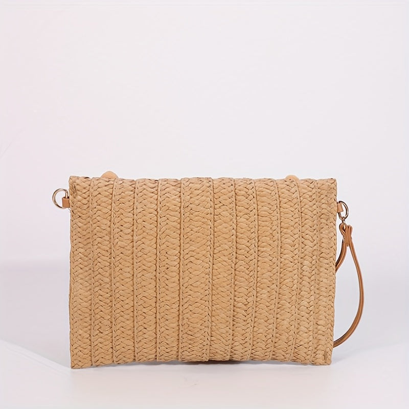 Stylish Woven Straw Envelope Clutch Bag - Summer Beach Travel Accessory with Rattan Wrist Strap, Spacious Interior, and Chic Design - Perfect for Women's Vacation, Travel, and Daily Use