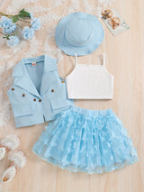 4-Piece Girl's Vest, Camisole, Hat, and Elastic Waist Skirt Set - Butterfly Mesh Decor, Cute Trendy Outfits for Summer, Breathable, Comfortable, and Adorable Kids Clothes for Little Princesses