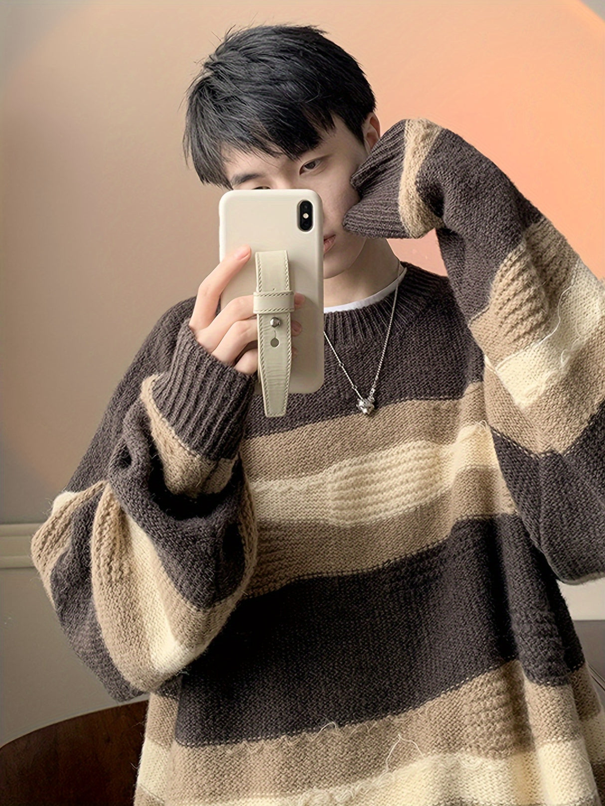 1pc Korean Style Cozy Fleece-Lined Crew Neck Sweater for Men - Casual Polyester Striped Pullover with Contrasting Colors, Loose Fit, Thermal Insulation, Knitted Fabric, Adult - Fall/Winter Essential