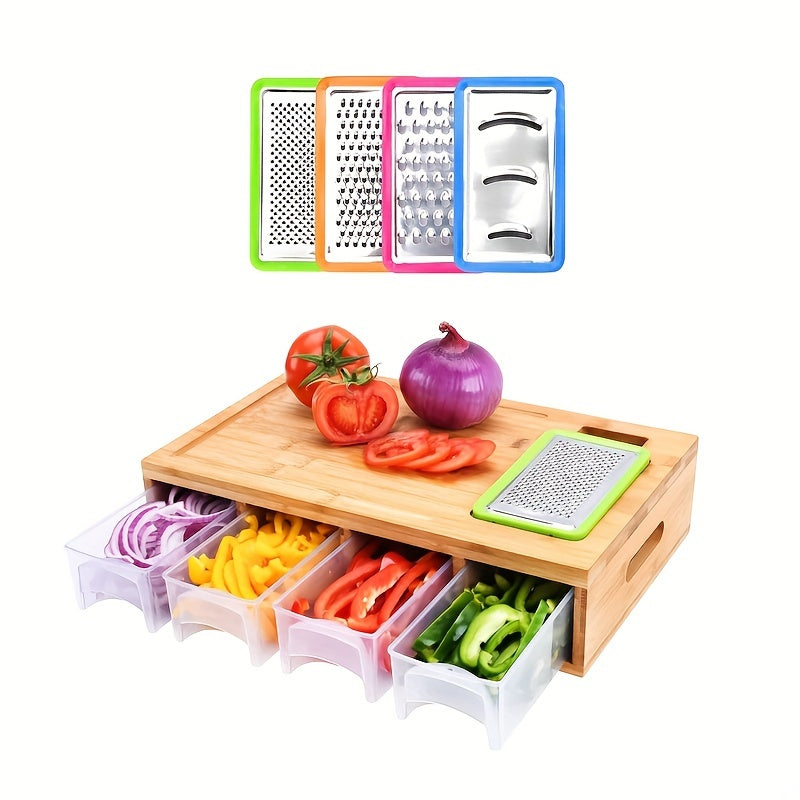 4-Grater Bamboo Cutting Board with Container, Vegetable Peeler Set, and 4 Trays - Perfect Kitchen Meal Prep Station for Mother's Day Gift