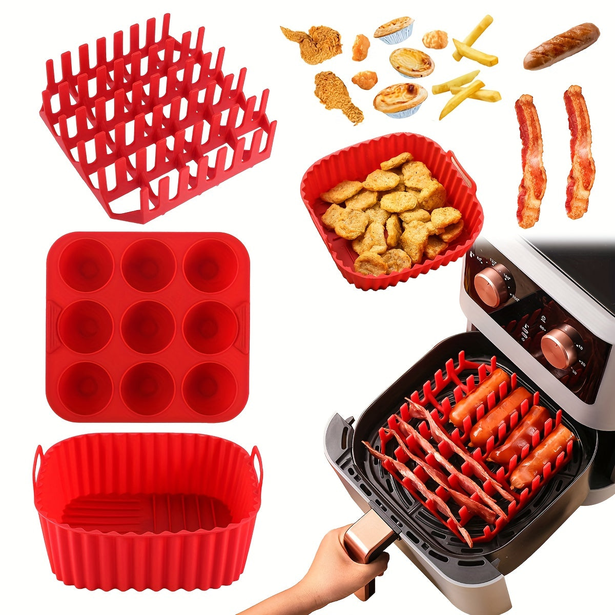 [9-Cavity Cake Mold Air Fryer Set] 1set, Premium Square Air Fryer Silicone Set - Bacon & Hot Dog Rack, 9-Cavity Cake Mold, Air Fryer Pan - BPA-Free, Dishwasher Safe - Compatible With 7QT+ Air Fryers