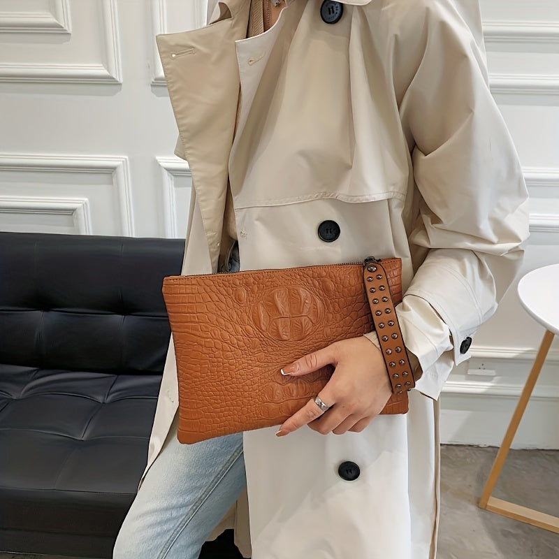 Crocodile Pattern Square Clutch Bag - Zipper Closure, Fixed Shoulder Straps, Animal Print PU Handbag with Polyester Lining and Wristlet - Fashionable Studded Decor for Women