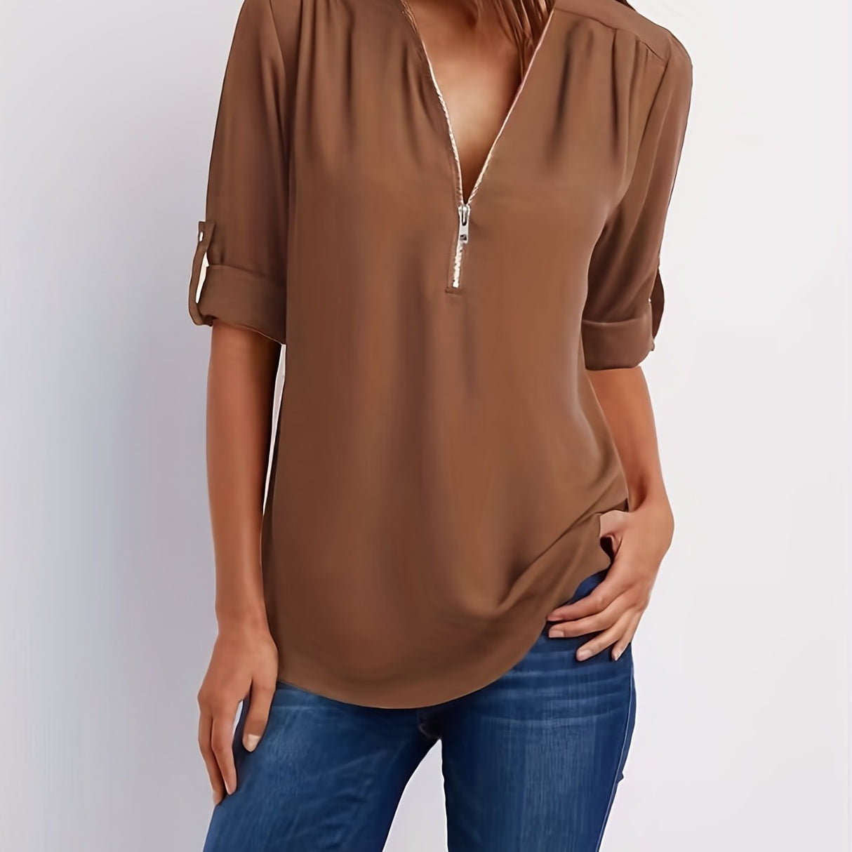 Solid V Neck Blouse, Casual Ruched Rollable Sleeve Half Zip Blouse, Women's Clothing
