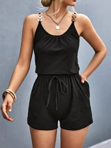Women's Black Sleeveless Romper with Golden Chain Detail - Casual V-Neck Jumpsuit with Adjustable Drawstring Waist and Ring Accents, Perfect for Spring/Summer, Ladies Rompers And Jumpsuits