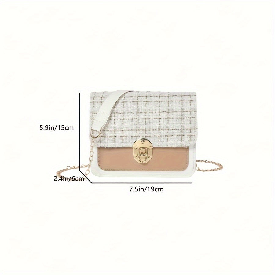 Fashion Tweed Chain Crossbody Bag, Mini Chain Square Purse, Trendy Turn Lock Shoulder Bag For Women