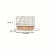 Fashion Tweed Chain Crossbody Bag, Mini Chain Square Purse, Trendy Turn Lock Shoulder Bag For Women