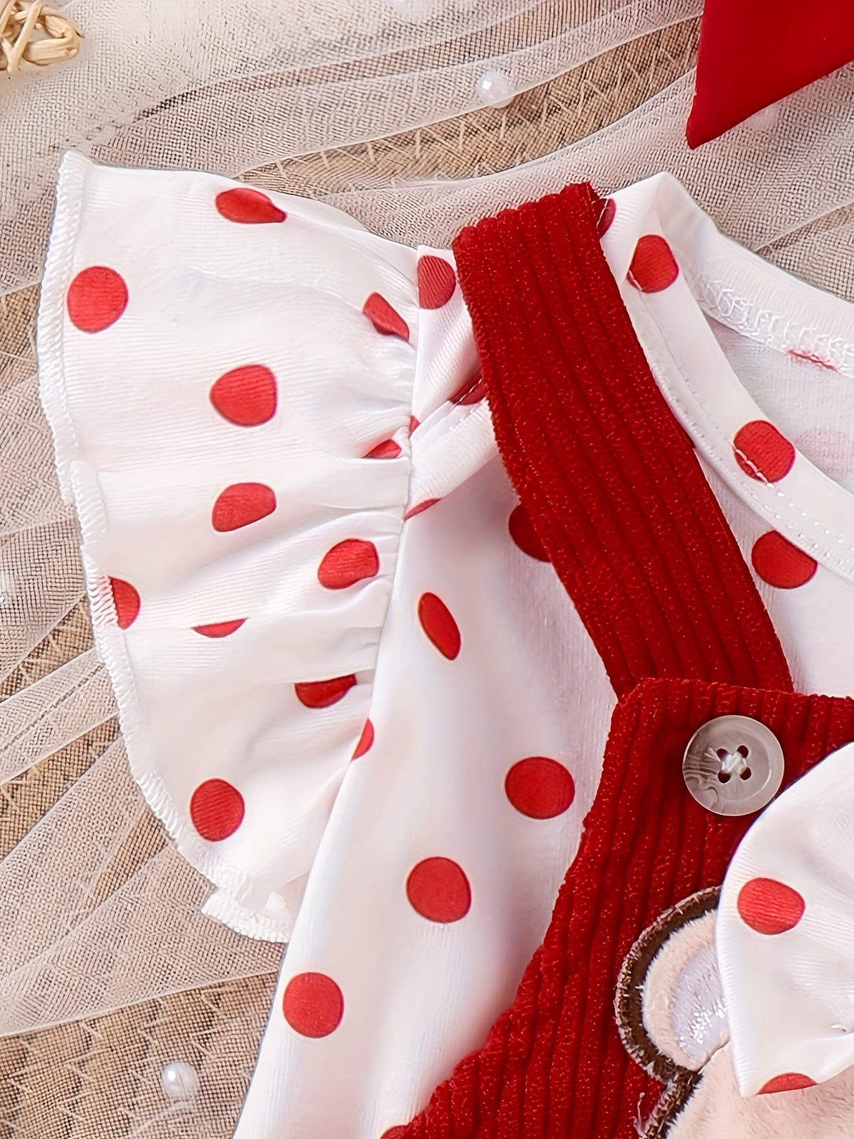 Baby Girl Outfit Summer Lace Short Sleeved + Teddy Bear Strap Skirt +Headknot 3pcs with 0-18Months