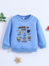 1pc Toddler Boys' Casual Long Sleeve "Armor of God" Print Pullover Sweatshirt, Polyester Knit Cartoon Pattern, Round Neck, Elastic Fabric, Loose Fit for Spring/Autumn