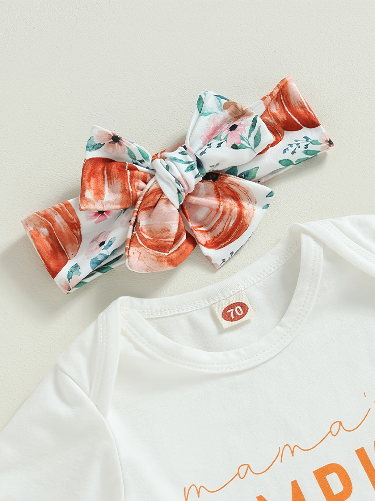 3pcs Pumpkin Floral Print Baby Girl Set: 3-Piece Romper, Bodysuit, Pants & Headband