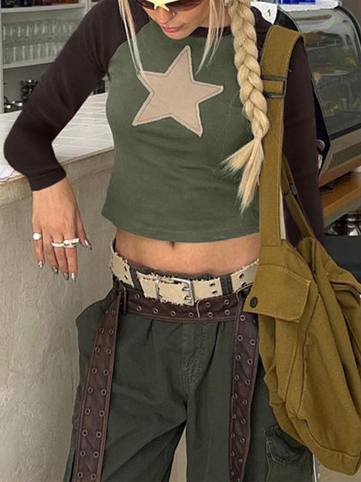 Women Short T-shirt Long Sleeve Crew Neck Star Patchwork Slim Fit Spring Fall Crop Tops Streetwear