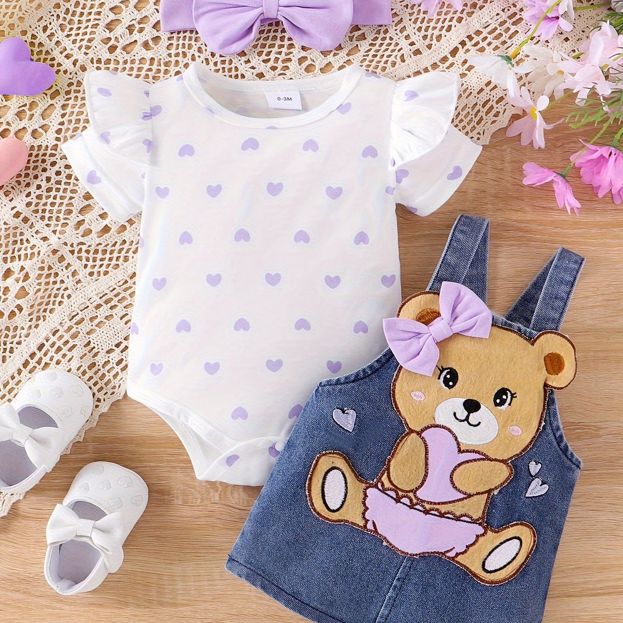 Baby Girl Outfit Summer Cute Strap Dress Set Headknot + Love Printed Climbing Clothes + Cowboy Bear Embroidered Strap Dress Three Piece Set With 0-18 Months, for Outdoor
