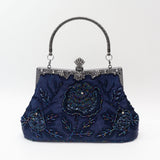 Vintage Floral Embroidered Clutch Handbag, Removable Strap, Buckle Closure, Polyester Lining, Dark Green Champagne Silvery Grey Burgundy Black Grey Golden Blue for Wedding Party
