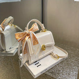 Embossed Square Handbag, Trendy Scarf Decor Crossbody Bag, Women's Small PU Leather Flap Purse