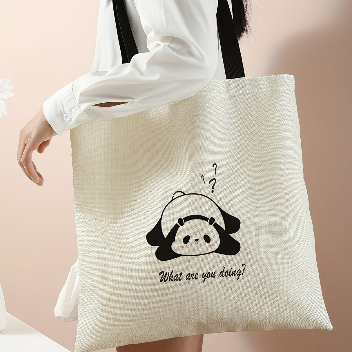 Kawaii Cute Cartoon Print Tote Bag, Large Capacity Canvas Shoulder Bag, Women's Casual Reusable Handbag & Shopping Travel Beach Bag