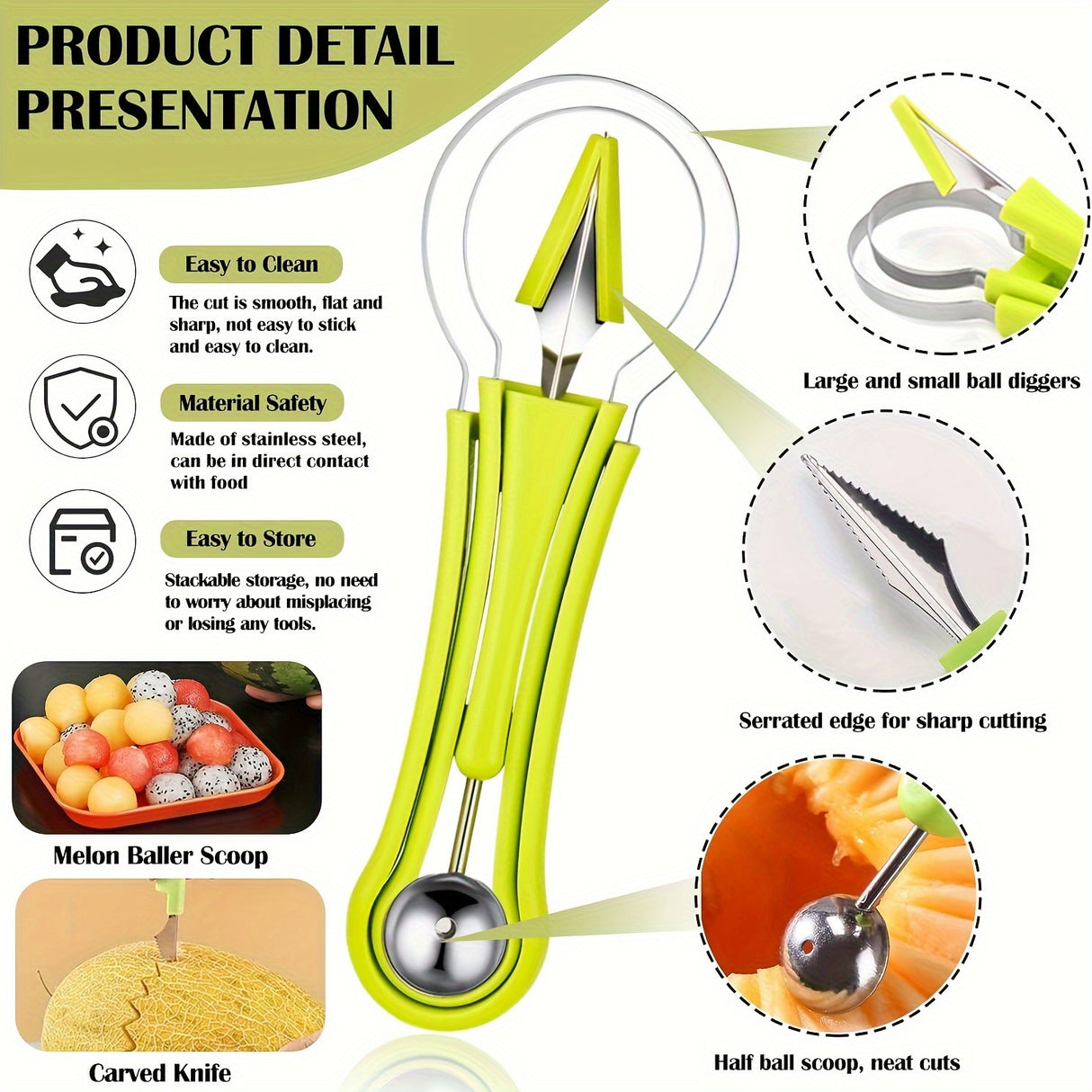 4-Piece Fruit Carving Knife Set - Stainless Steel Watermelon Slicer, Melon Baller Scoop, Seed Remover, Peeler - Multifunctional Fruit Shaping Kitchen Gadgets for Fruit Preparation & Decoration