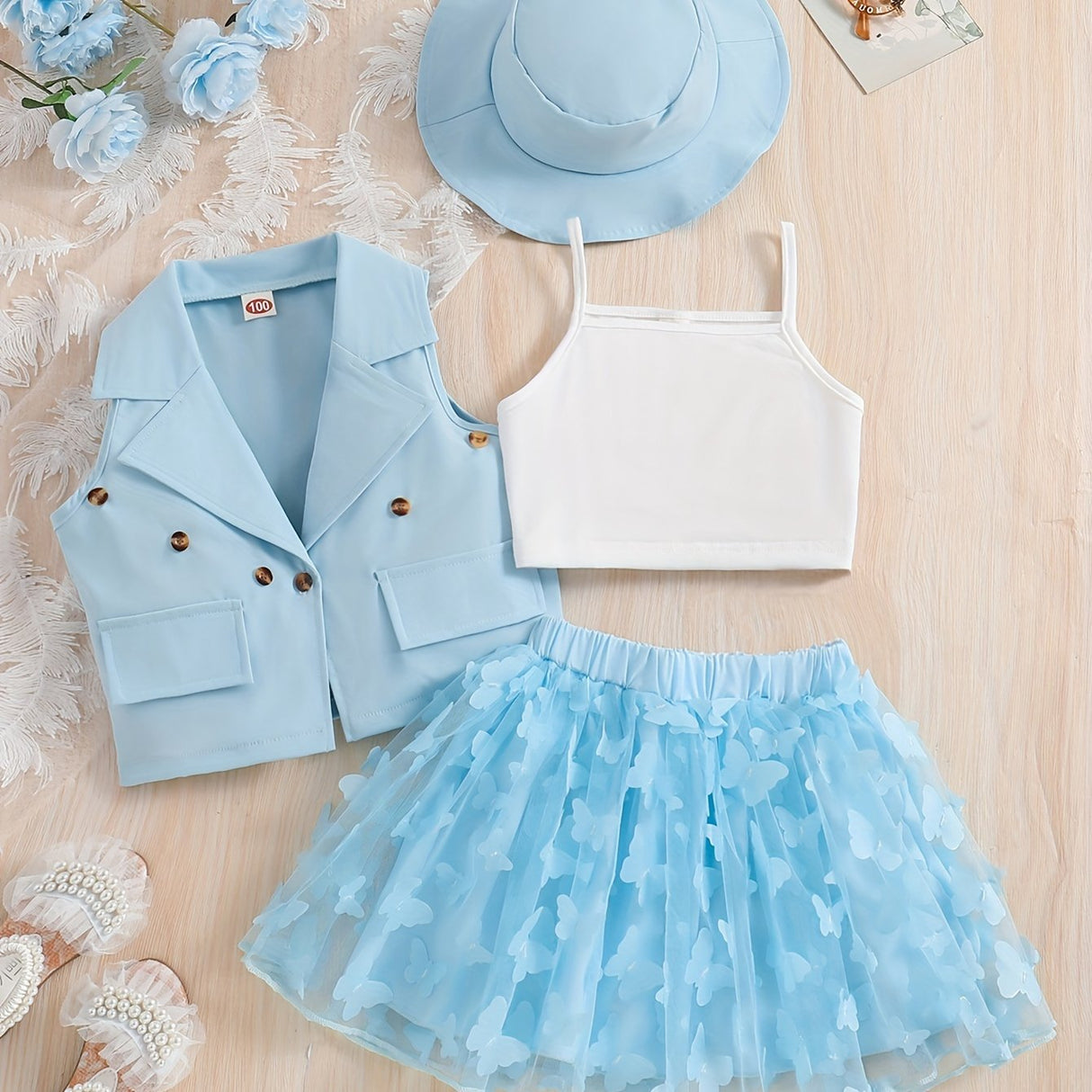 4-Piece Girl's Vest, Camisole, Hat, and Elastic Waist Skirt Set - Butterfly Mesh Decor, Cute Trendy Outfits for Summer, Breathable, Comfortable, and Adorable Kids Clothes for Little Princesses