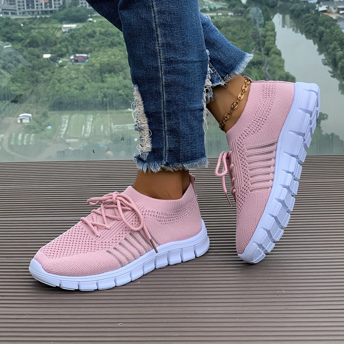 Women's Mesh Breathable Running Shoes, Solid Color Lace Up Front Summer Walking Shoes, Flying Woven Casual Sneakers