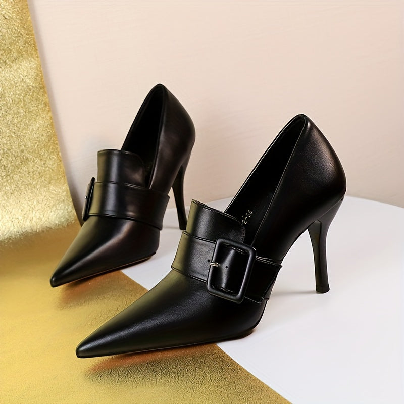 Lightweight Brown PU Stiletto Heels - Elegant Pointed Toe with Decorative Buckle Strap, Versatile Strappy Heels for Women All Seasons