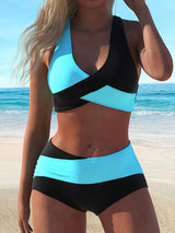 [Color Blocked Bikini] Two-piece Color Blocked Bikini Swimsuit - New European And American Cross Split Swimsuit For Women