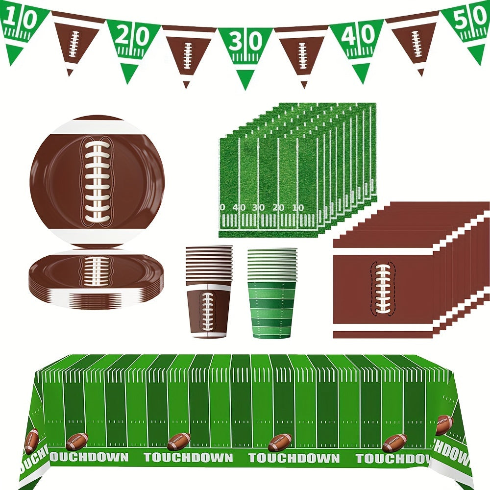 [Football Party Essentials] 60pcs Football Party Supplies Kit - Dinner Plates, Dessert Plates, Napkins, Cups, Banner and Touchdown Tablecloth - Football Birthday Party Gameday Tailgate Party Decorations