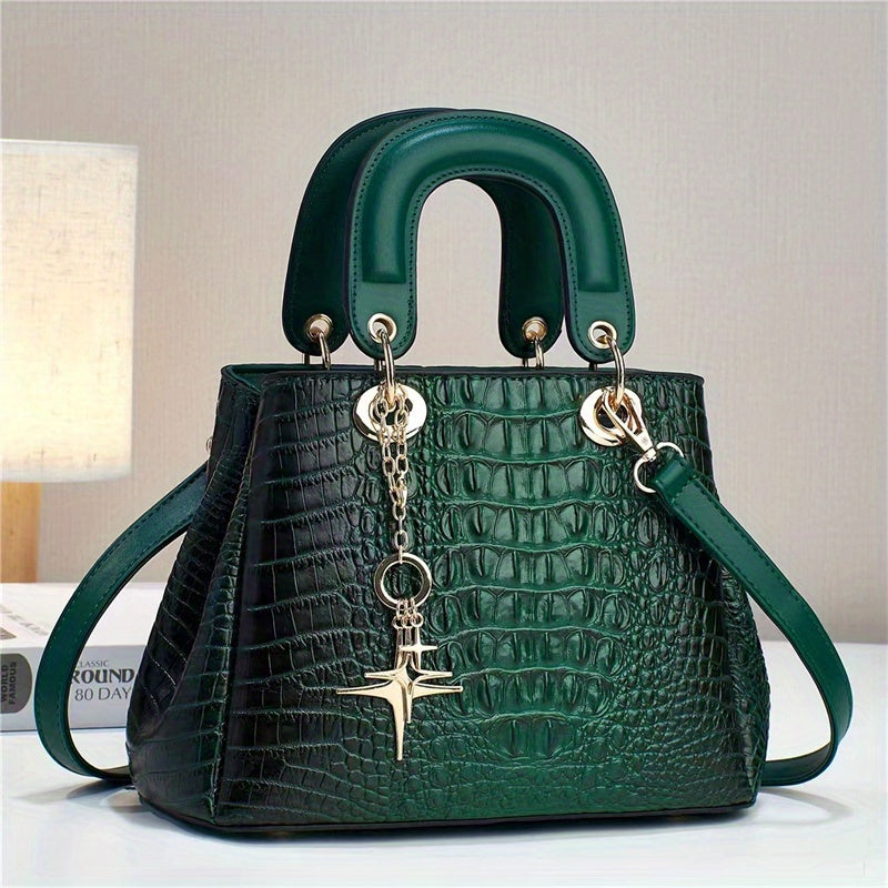 Luxurious PU Crocodile Print Tote Bag - Spacious Interior, Zipper Closure, Polyester Lining, Top Handle Satchel, Shoulder Bag, Crossbody Bag & Purse - Elegant Womens Fashion Handbag with Edge Painted Details