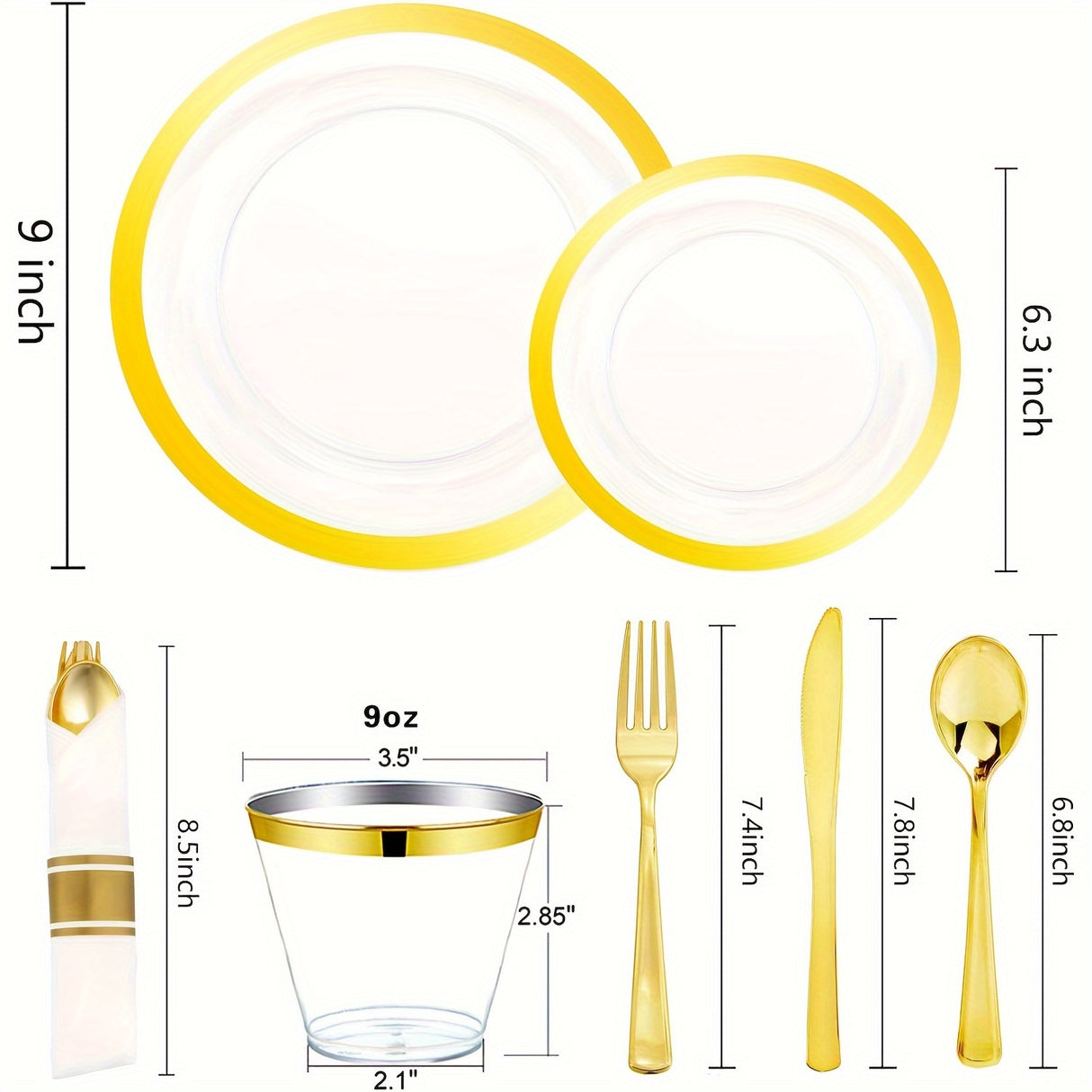 350PCS Clear Gold Plastic Plates Clear Plates with Gold Rim for 50Guests Dinnerware Include 100 Gold Clear Plates disposable 150 Gold Silverware 50Napkins for Party&Wedding&Easter